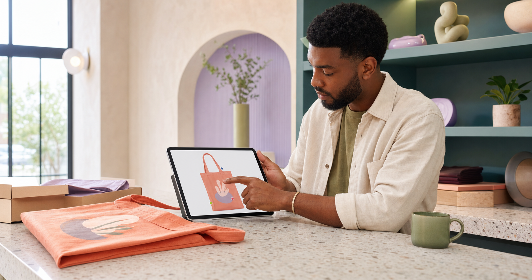 Business owner reviewing a promotional tote mockup on a tablet