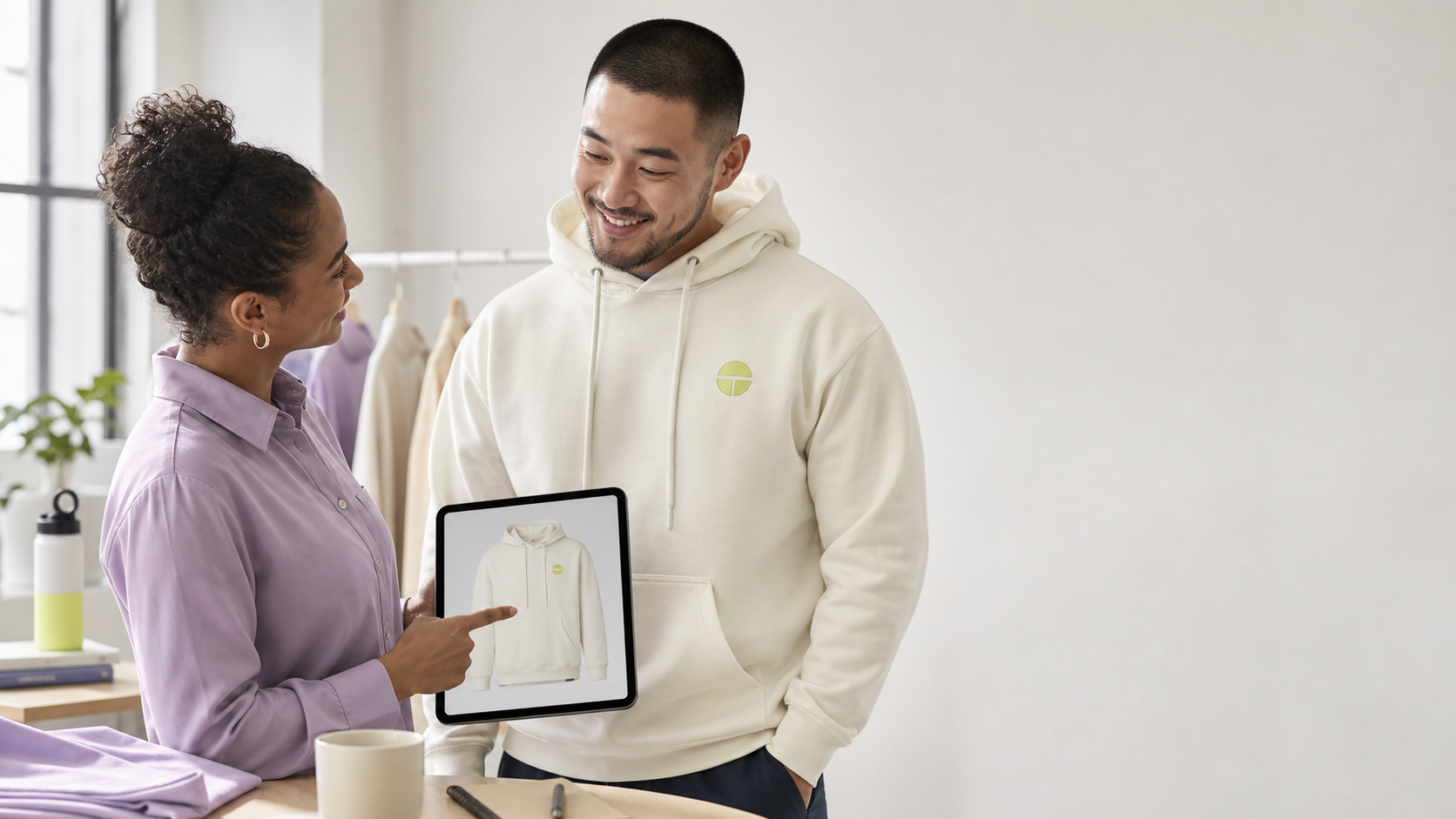 Two promotional product professionals reviewing an approved cream hoodie mockup