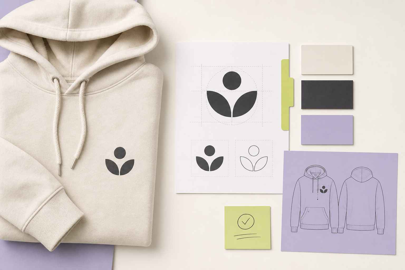 Cream hoodie, artwork source sheet, color swatches, and placement notes arranged for a product proof