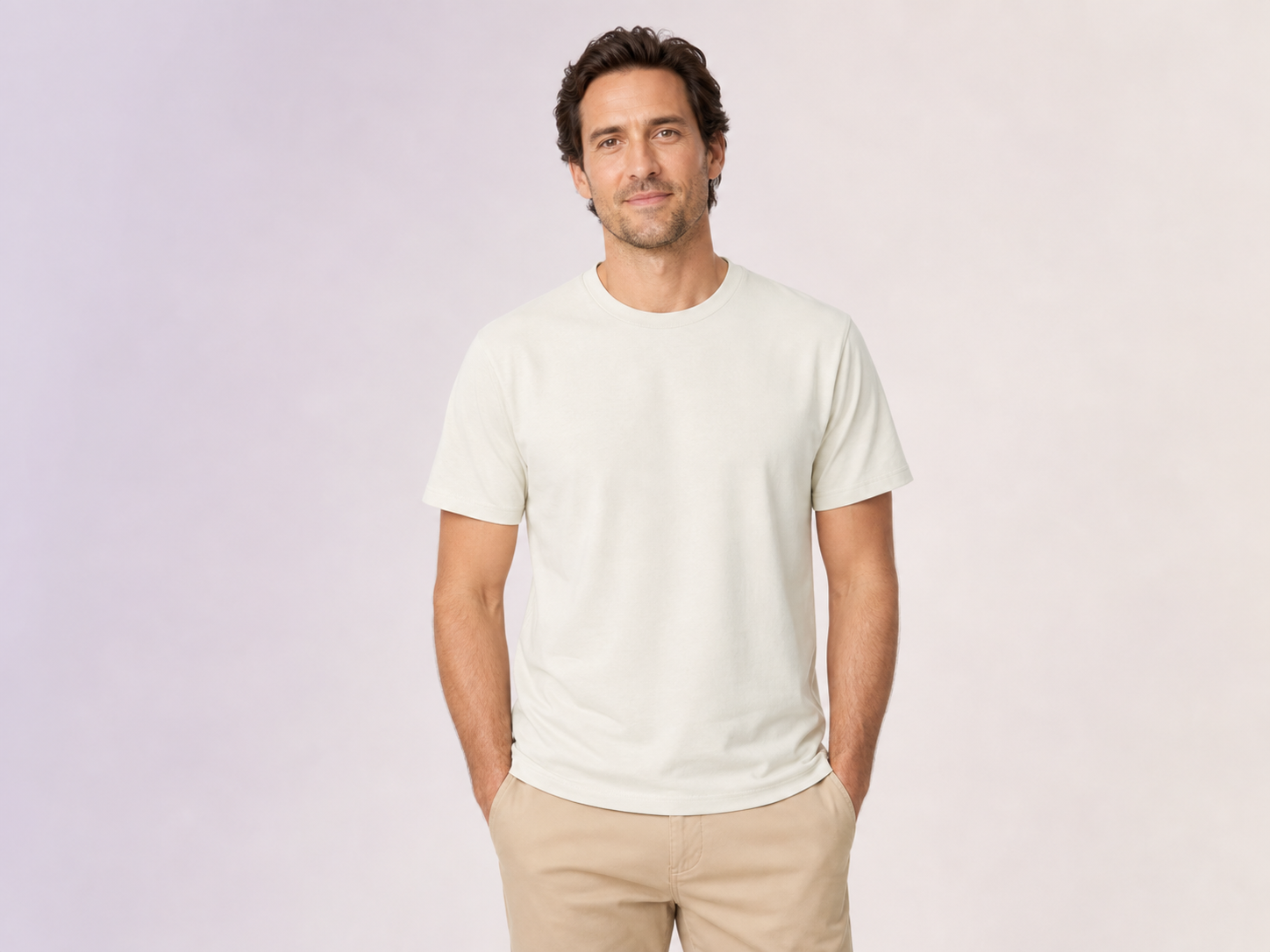 Model wearing a blank premium T-shirt ready for customization