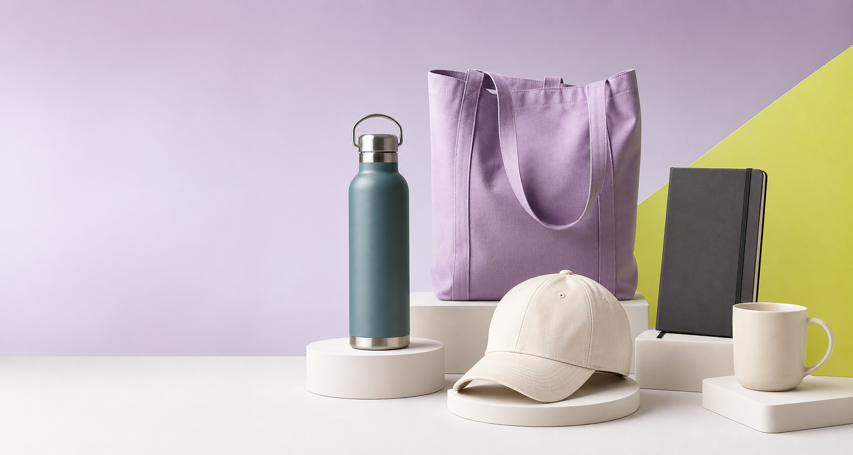 A coordinated supplier catalog collection with a cap, bottle, tote, mug, and notebook