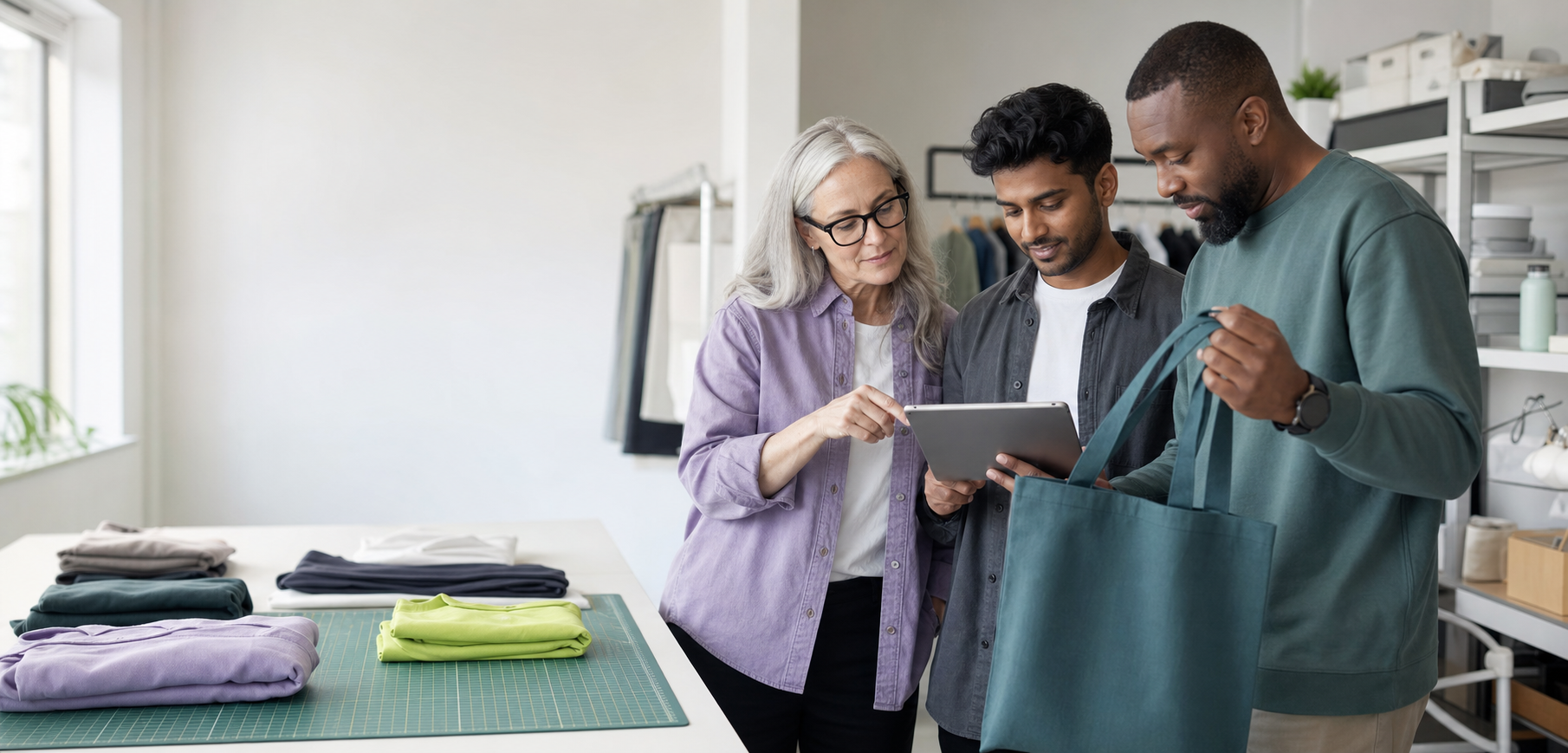 Promotional product team reviewing a tote bag and its digital mockup together