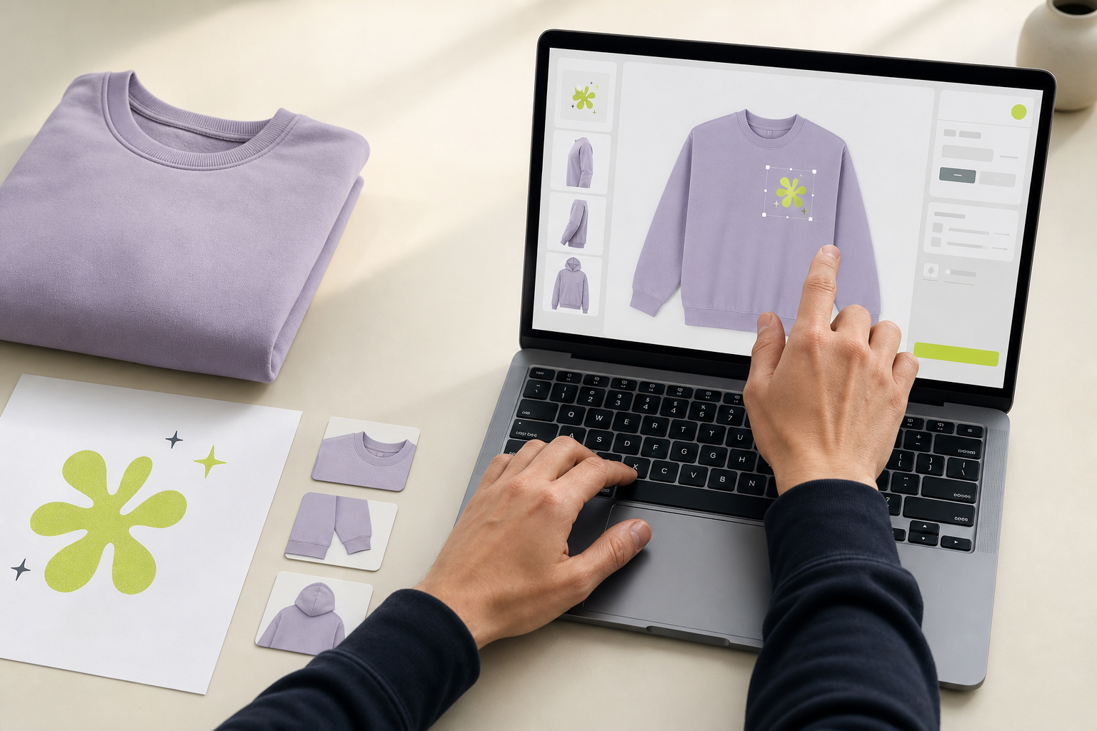 Designer positioning artwork on a lavender sweatshirt mockup using a laptop