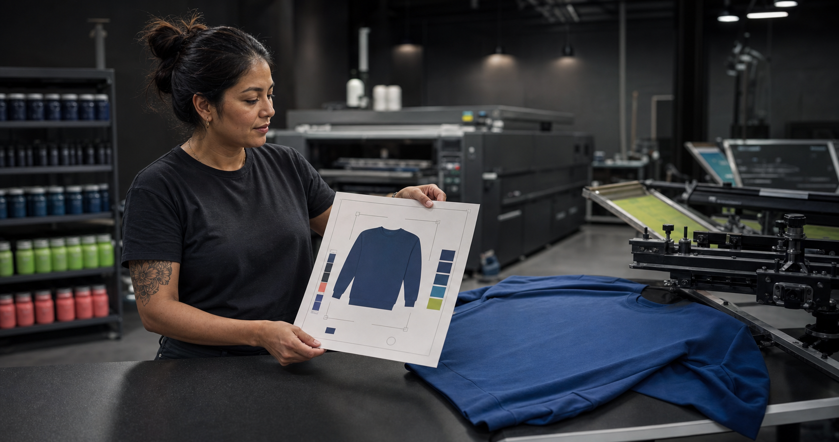 Production lead reviewing a garment proof beside a cobalt sweatshirt