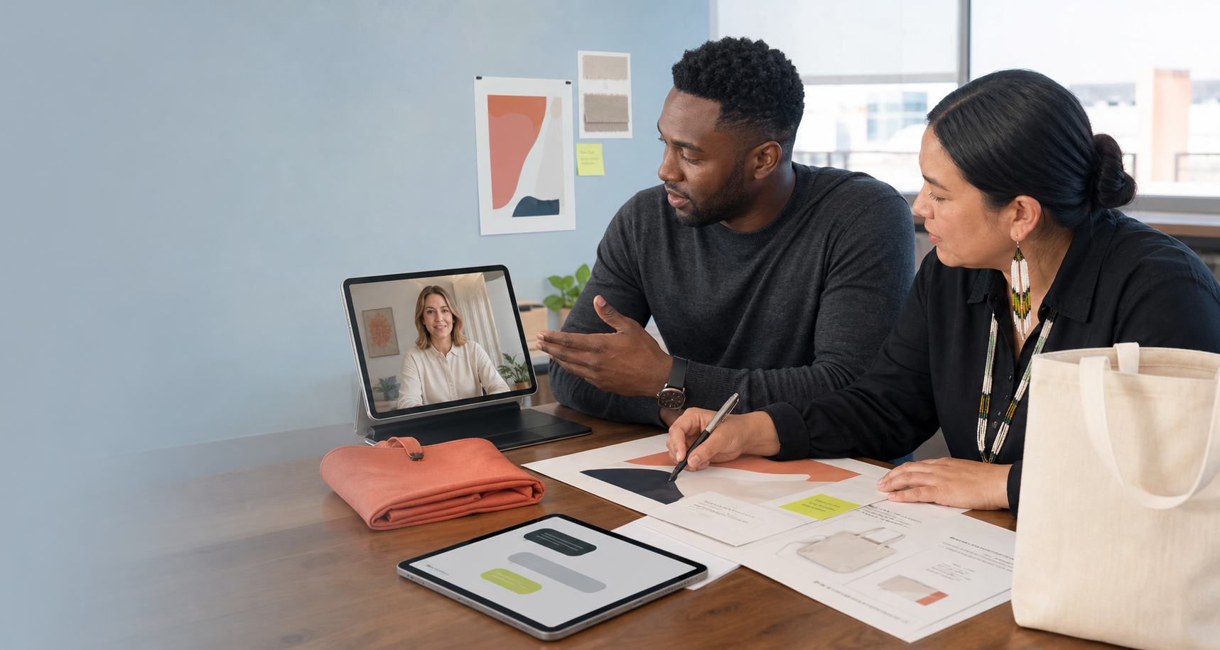 Sales and design collaborators reviewing artwork with a remote production partner