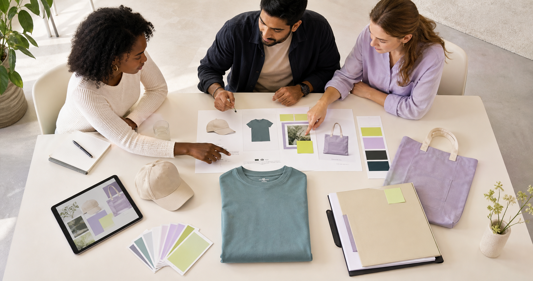 A promotional products team coordinating one connected project around a shared table