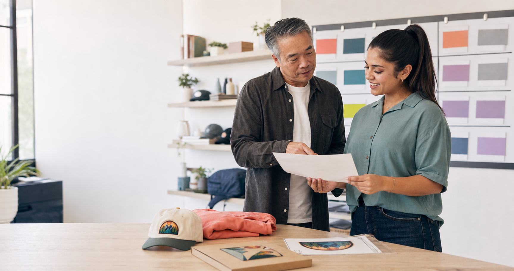 Client service and production professionals reviewing the same promotional product project