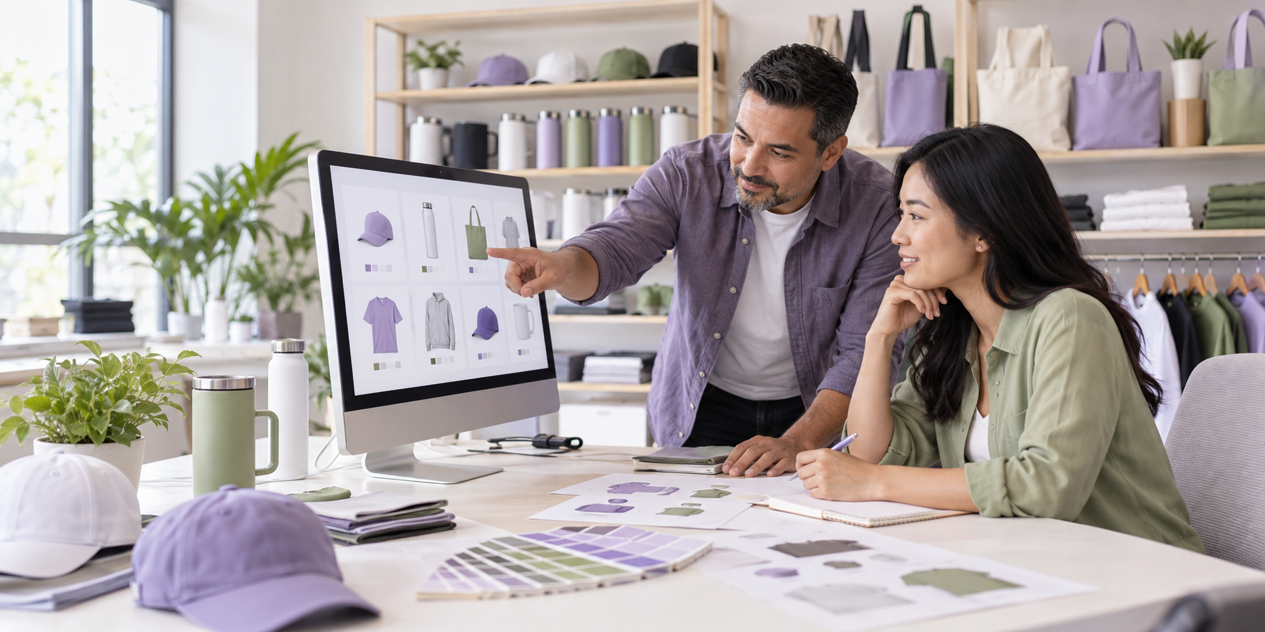 Supplier team reviewing a coordinated product catalog and decoration specifications
