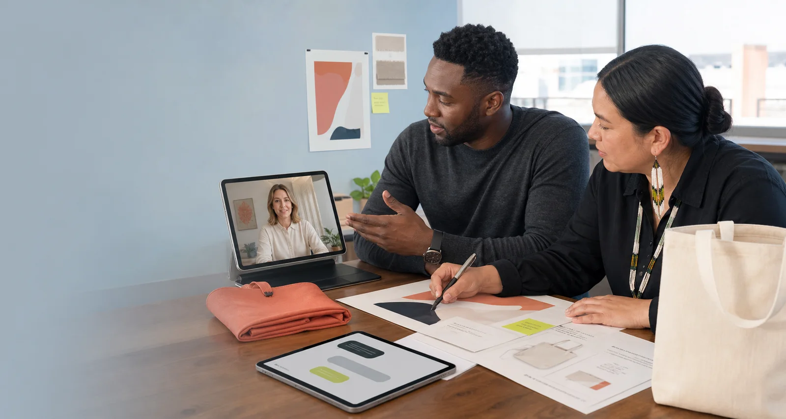 Distributed promotional products team reviewing one project together