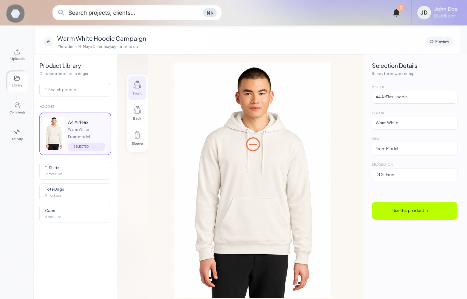 Choosing a hoodie in the PromoPlus product library