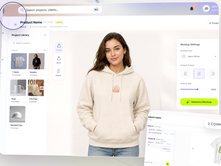 PromoPlus mockup editor showing a model wearing the approved cream hoodie