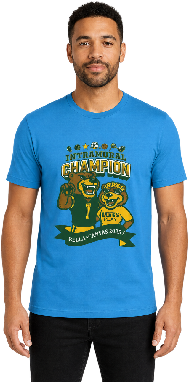 Model wearing the approved blue Intramural Champion shirt