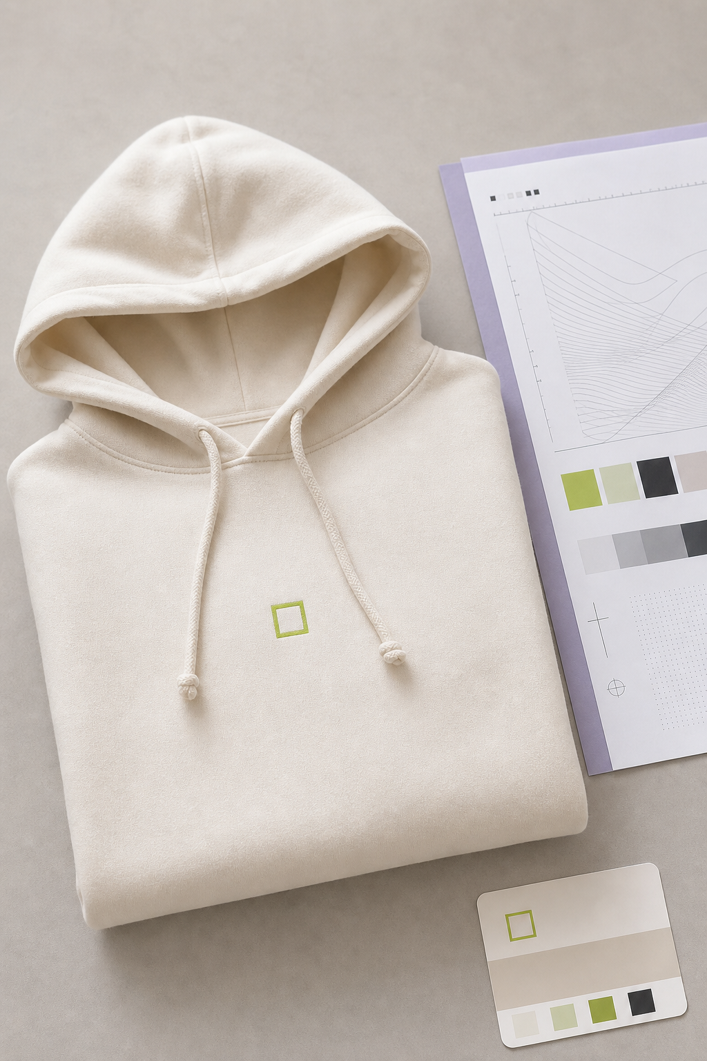 Approved hoodie beside its production proof